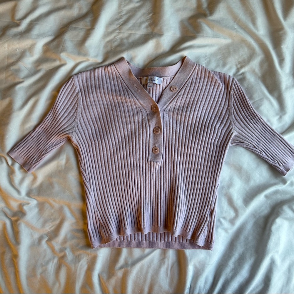 INTERMIX Pink V-Neck Sweater with Classic Stripes